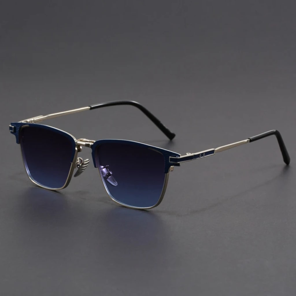 Sunglasses with blue gradient lenses on a gray background